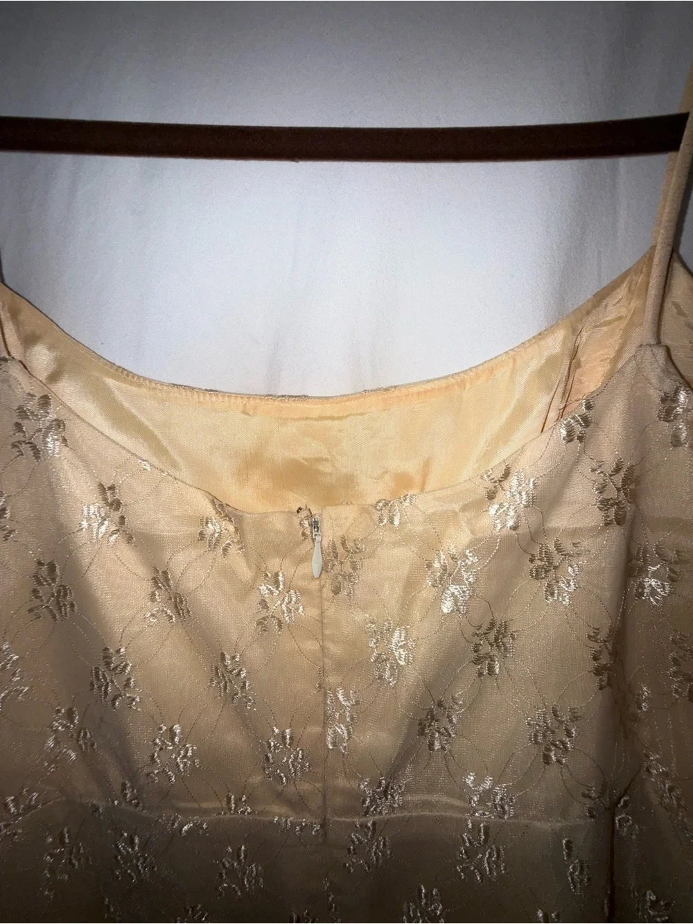 Elegant pale yellow Slip Dress with Metallic Floral Detail